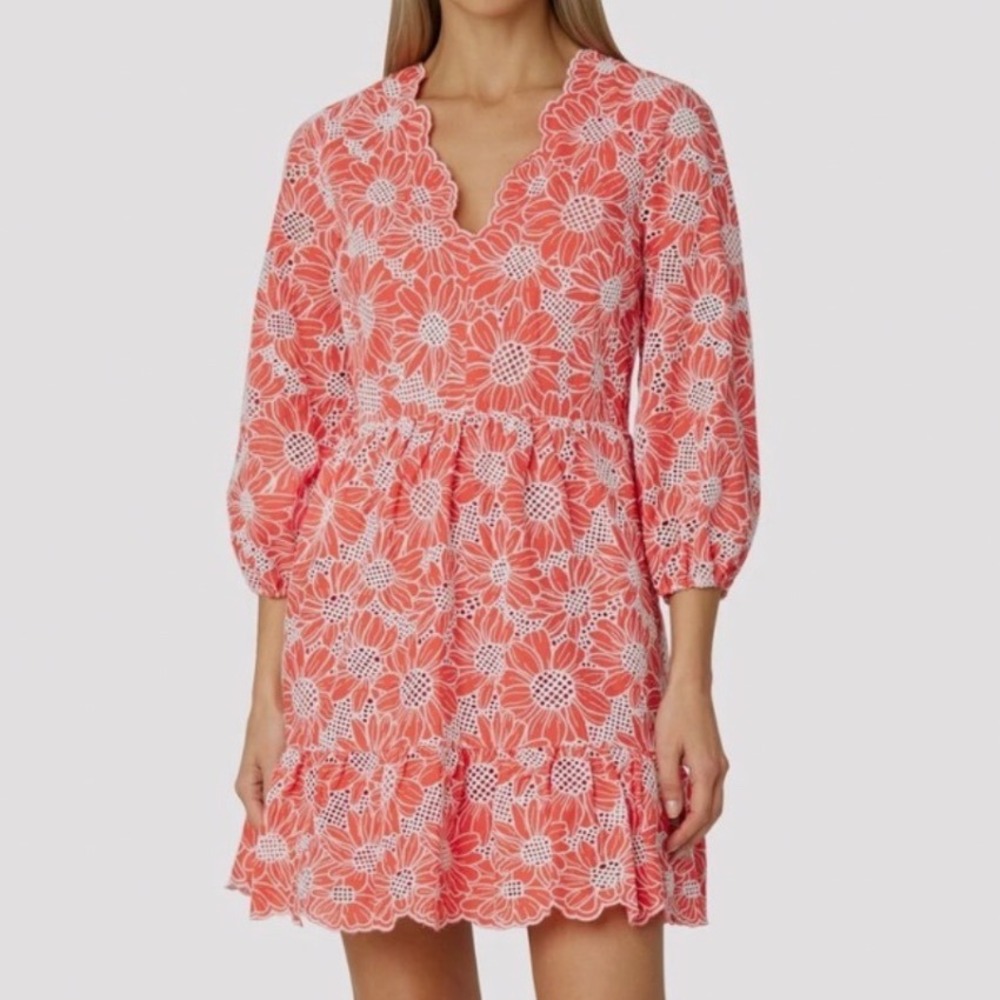 Milly Coral Pink Brielle Tournesol Dress Cotton 3/4 Sleeve Floral Womens Size 10